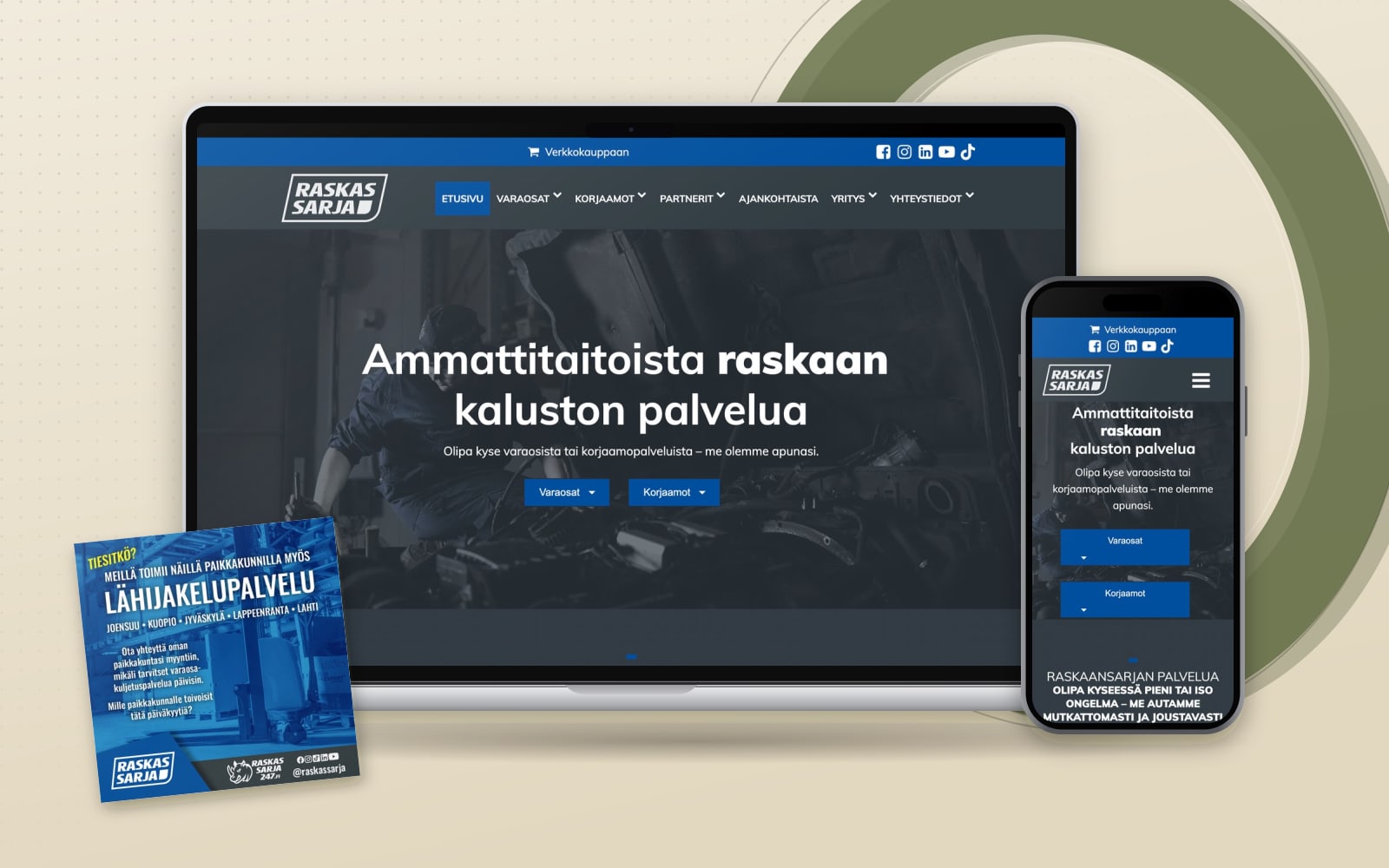 Raskassarja – verkkosivut tietokoneella ja puhelimessa sekä some-mainos